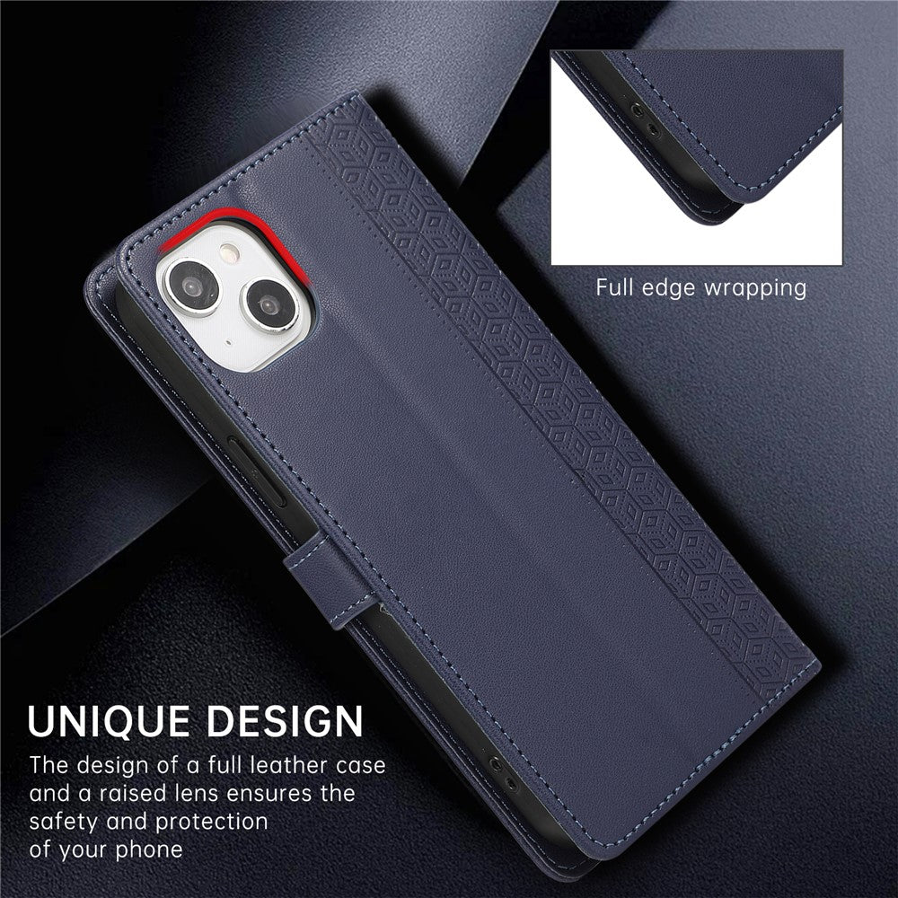 R20 for iPhone 14 Plus Wallet Case PU Leather Splicing Rhombus Cell Phone Cover