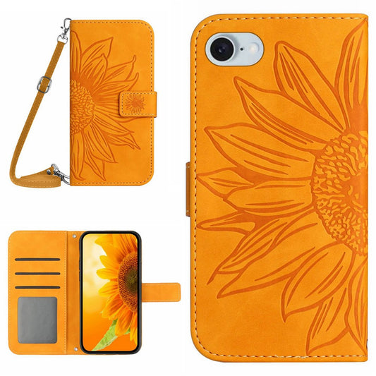 HT04 For iPhone 17e / 16e Case Sunflower PU Leather+TPU Phone Cover with Shoulder Strap