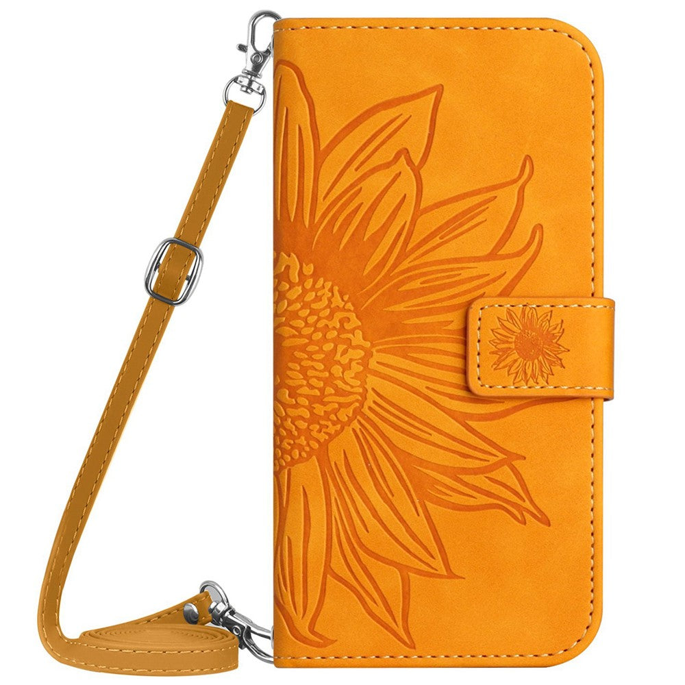 HT04 For iPhone 17e / 16e Case Sunflower PU Leather+TPU Phone Cover with Shoulder Strap