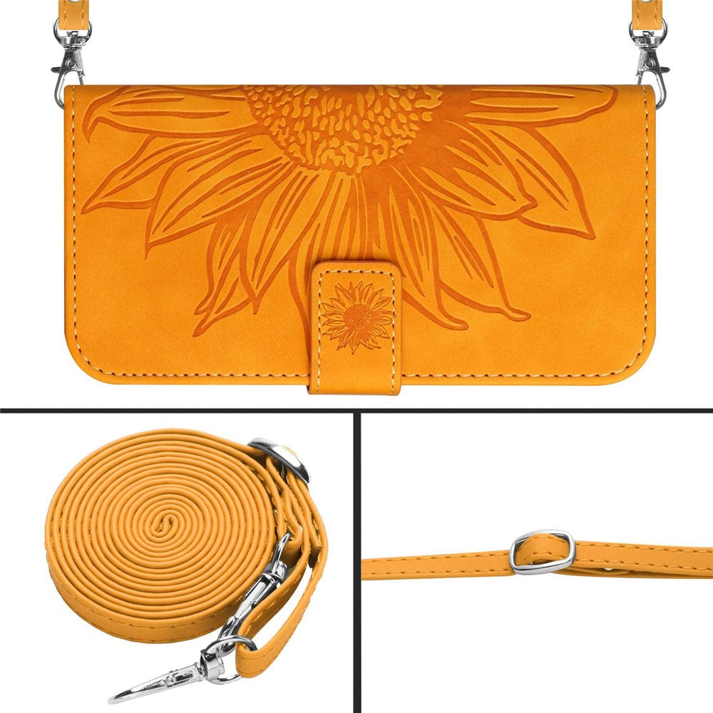 HT04 For iPhone 17e / 16e Case Sunflower PU Leather+TPU Phone Cover with Shoulder Strap