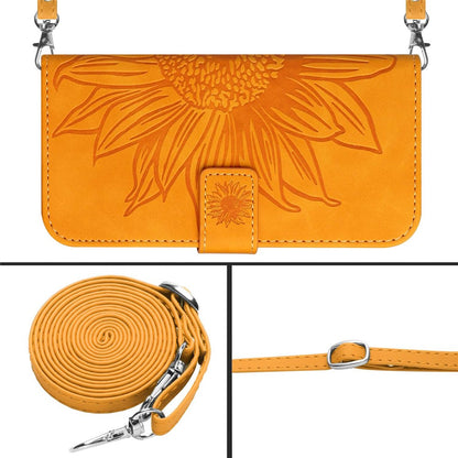 HT04 For iPhone 17e / 16e Case Sunflower PU Leather+TPU Phone Cover with Shoulder Strap