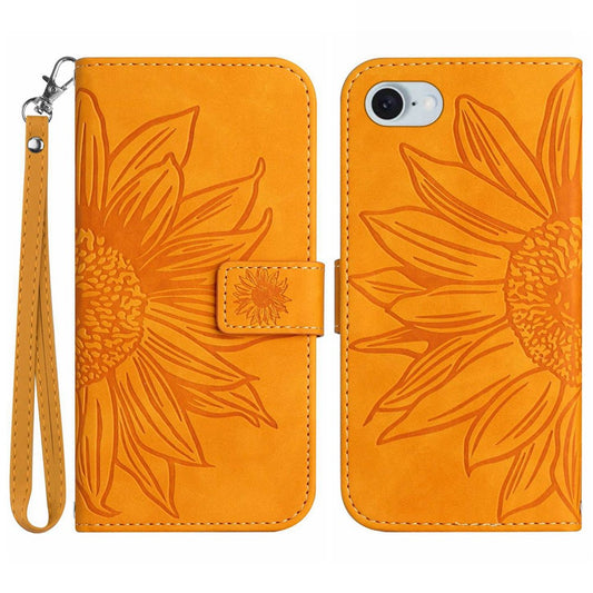 HT04 For iPhone 17e / 16e Case with Wrist Strap Sunflower Pattern Phone Wallet Cover
