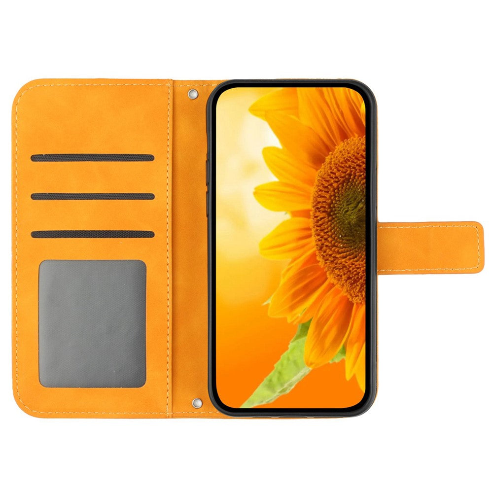 HT04 For iPhone 17e / 16e Case with Wrist Strap Sunflower Pattern Phone Wallet Cover