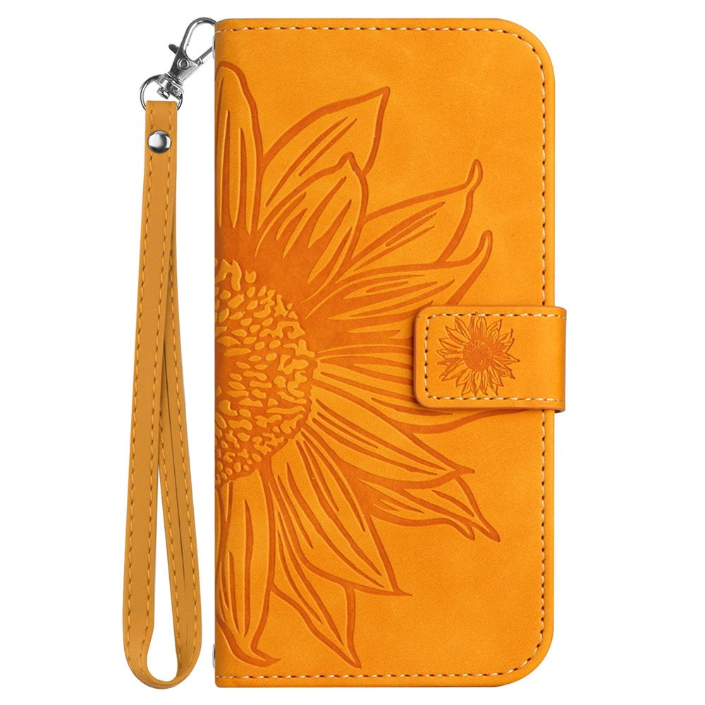 HT04 For iPhone 17e / 16e Case with Wrist Strap Sunflower Pattern Phone Wallet Cover