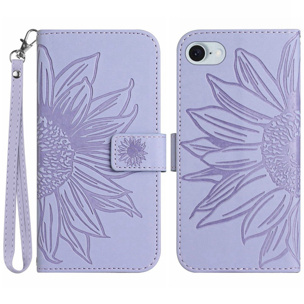 HT04 For iPhone 17e / 16e Case with Wrist Strap Sunflower Pattern Phone Wallet Cover