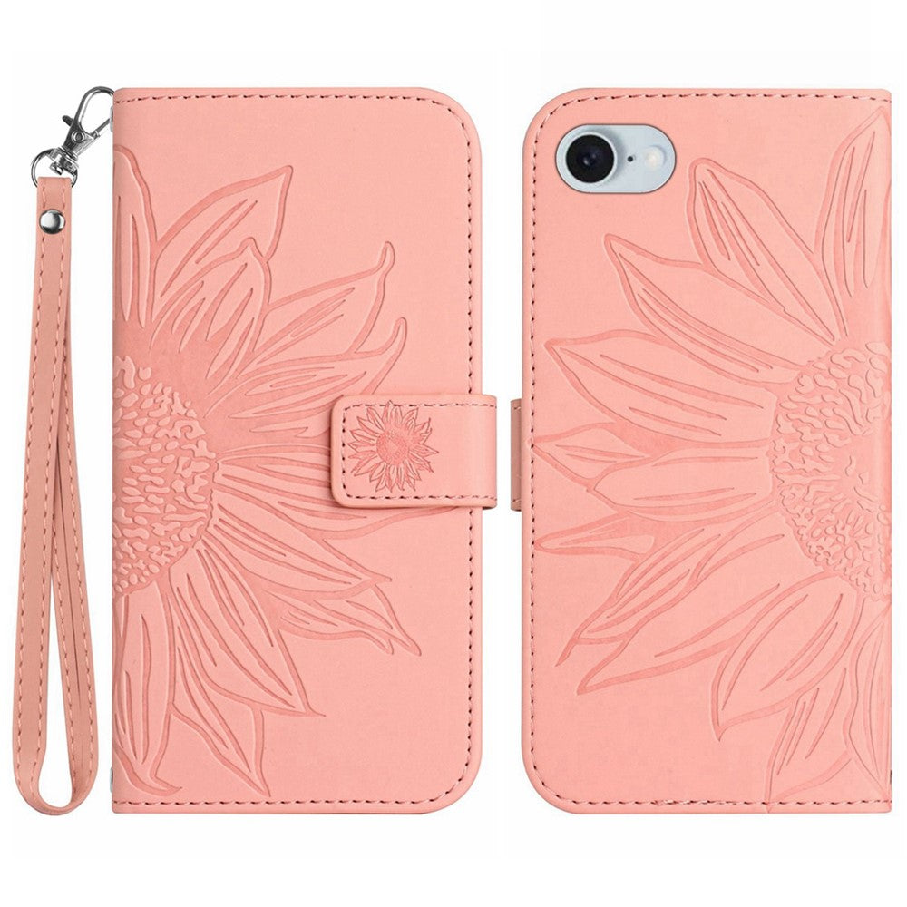 HT04 For iPhone 17e / 16e Case with Wrist Strap Sunflower Pattern Phone Wallet Cover