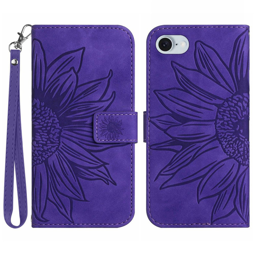 HT04 For iPhone 17e / 16e Case with Wrist Strap Sunflower Pattern Phone Wallet Cover