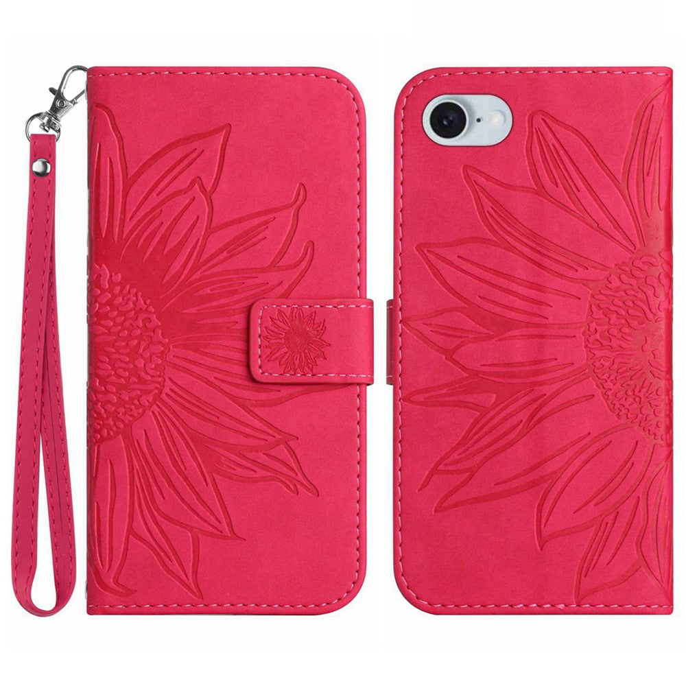 HT04 For iPhone 17e / 16e Case with Wrist Strap Sunflower Pattern Phone Wallet Cover