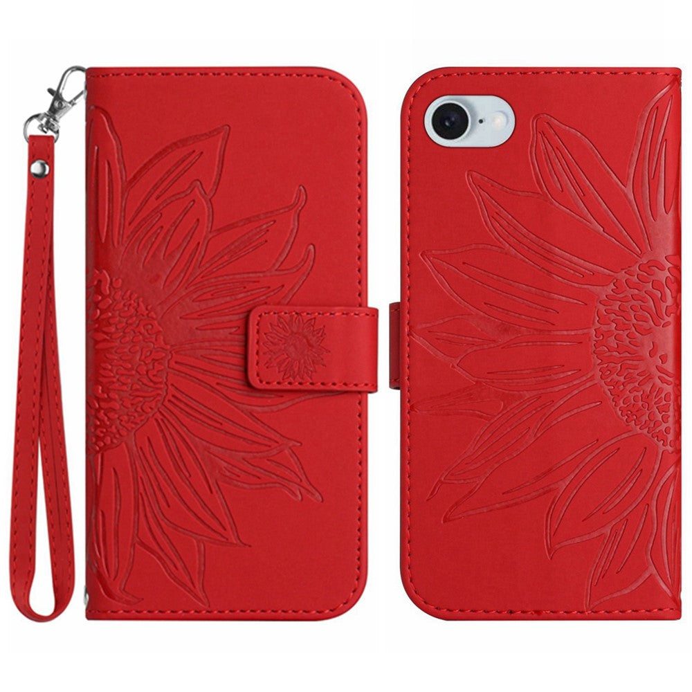 HT04 For iPhone 17e / 16e Case with Wrist Strap Sunflower Pattern Phone Wallet Cover