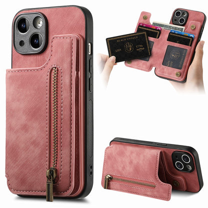 D15 For iPhone 14 Case Retro PU Leather+TPU Anti-drop Phone Cover with Zipper Wallet Kickstand