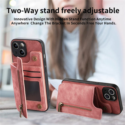 D15 For iPhone 14 Case Retro PU Leather+TPU Anti-drop Phone Cover with Zipper Wallet Kickstand