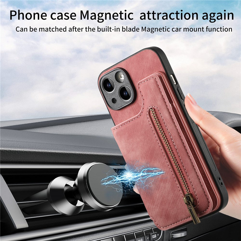 D15 For iPhone 14 Case Retro PU Leather+TPU Anti-drop Phone Cover with Zipper Wallet Kickstand
