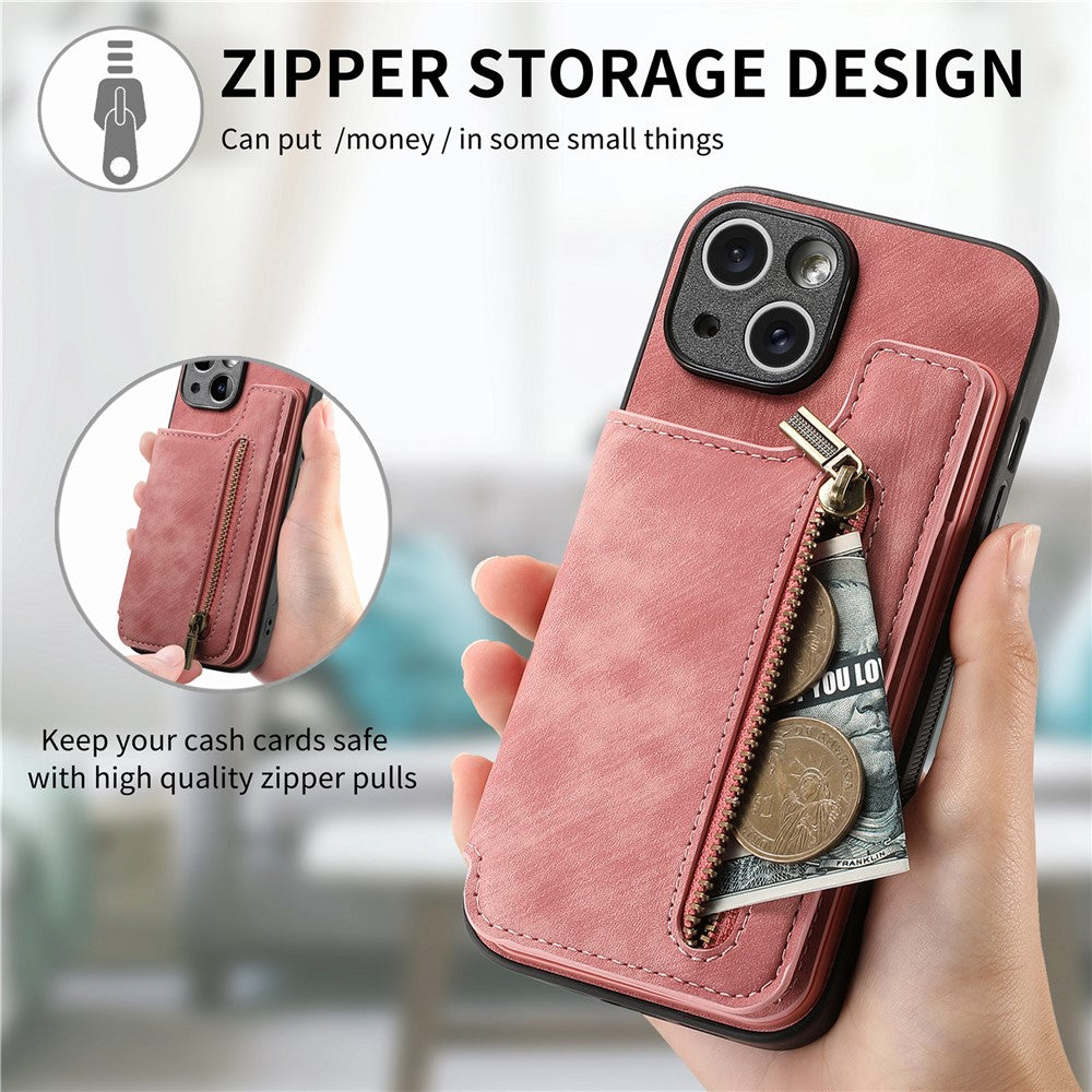 D15 For iPhone 14 Case Retro PU Leather+TPU Anti-drop Phone Cover with Zipper Wallet Kickstand