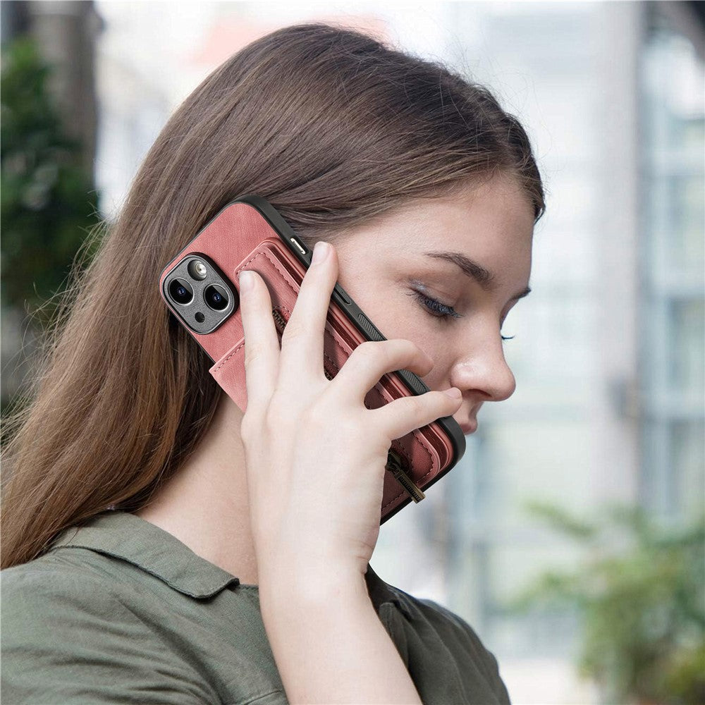 D15 For iPhone 14 Case Retro PU Leather+TPU Anti-drop Phone Cover with Zipper Wallet Kickstand