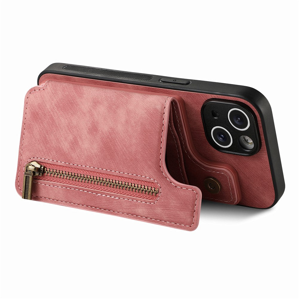 D15 For iPhone 14 Case Retro PU Leather+TPU Anti-drop Phone Cover with Zipper Wallet Kickstand