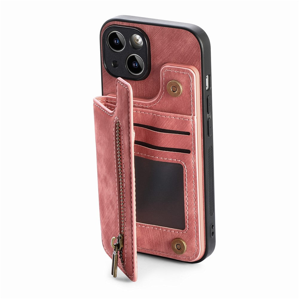 D15 For iPhone 14 Case Retro PU Leather+TPU Anti-drop Phone Cover with Zipper Wallet Kickstand