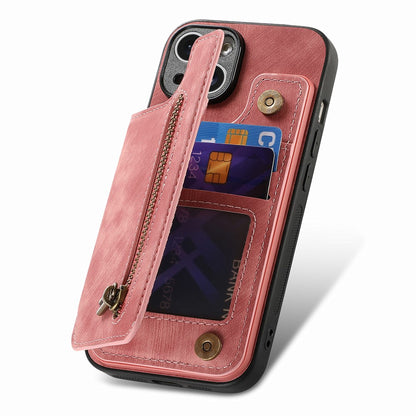 D15 For iPhone 14 Case Retro PU Leather+TPU Anti-drop Phone Cover with Zipper Wallet Kickstand