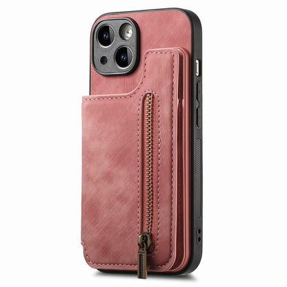 D15 For iPhone 14 Case Retro PU Leather+TPU Anti-drop Phone Cover with Zipper Wallet Kickstand