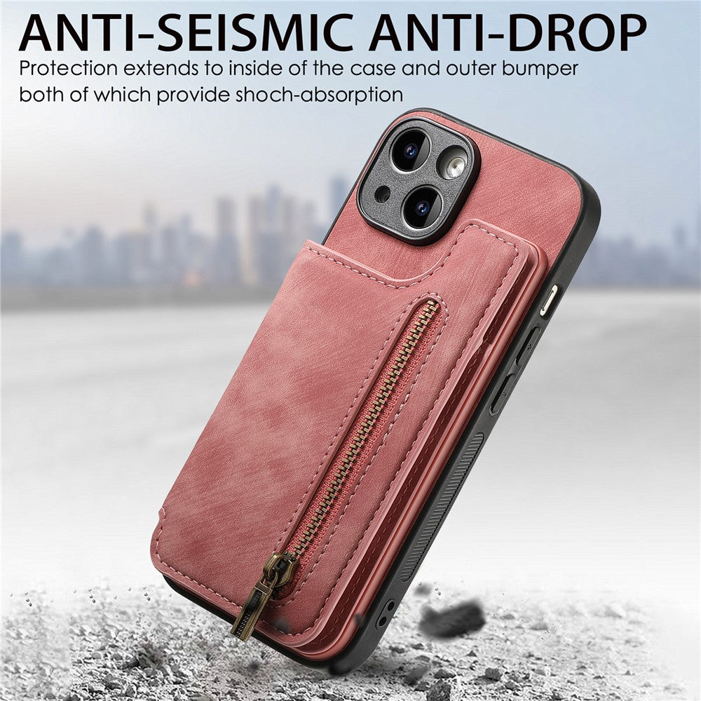 D15 For iPhone 14 Case Retro PU Leather+TPU Anti-drop Phone Cover with Zipper Wallet Kickstand