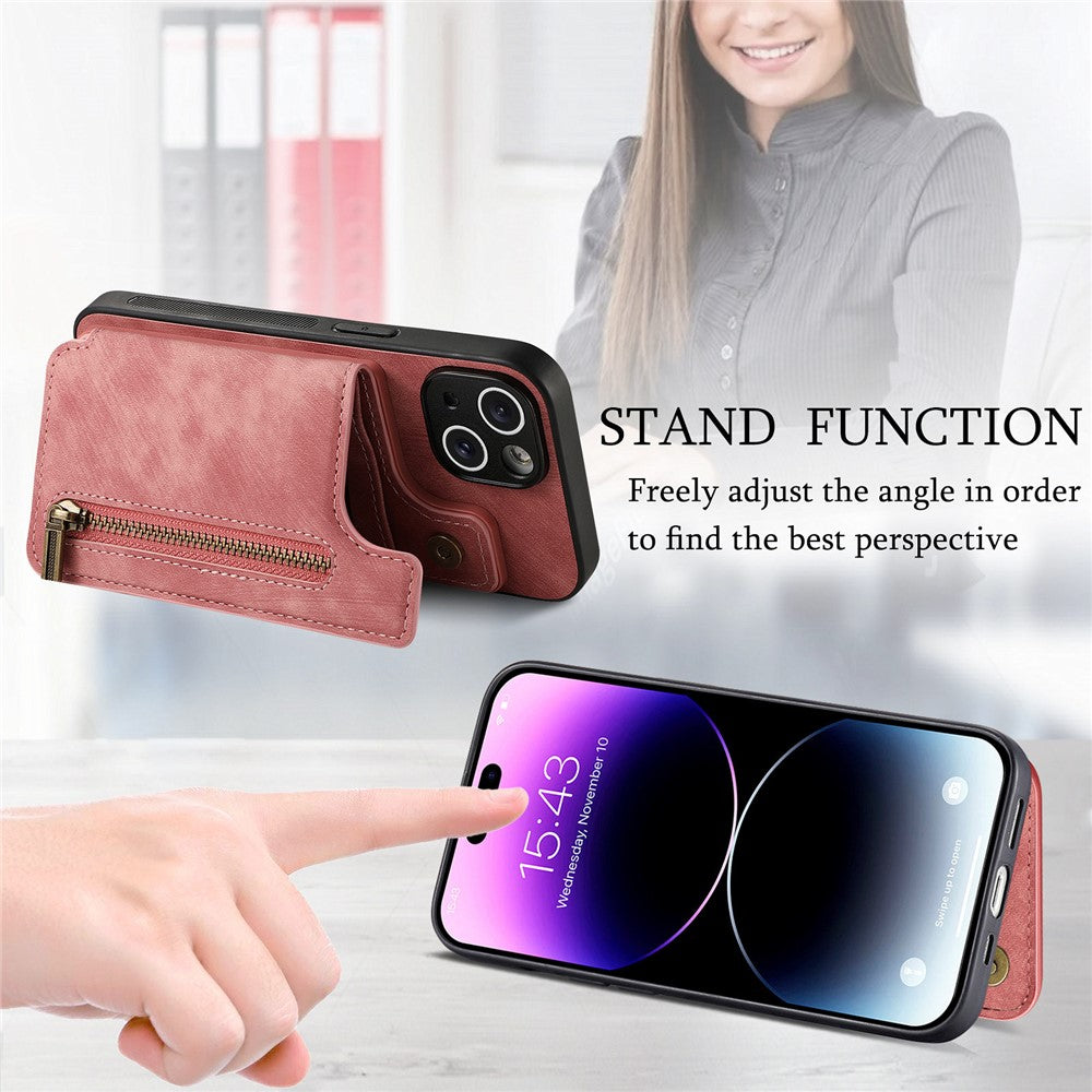 D15 For iPhone 14 Case Retro PU Leather+TPU Anti-drop Phone Cover with Zipper Wallet Kickstand