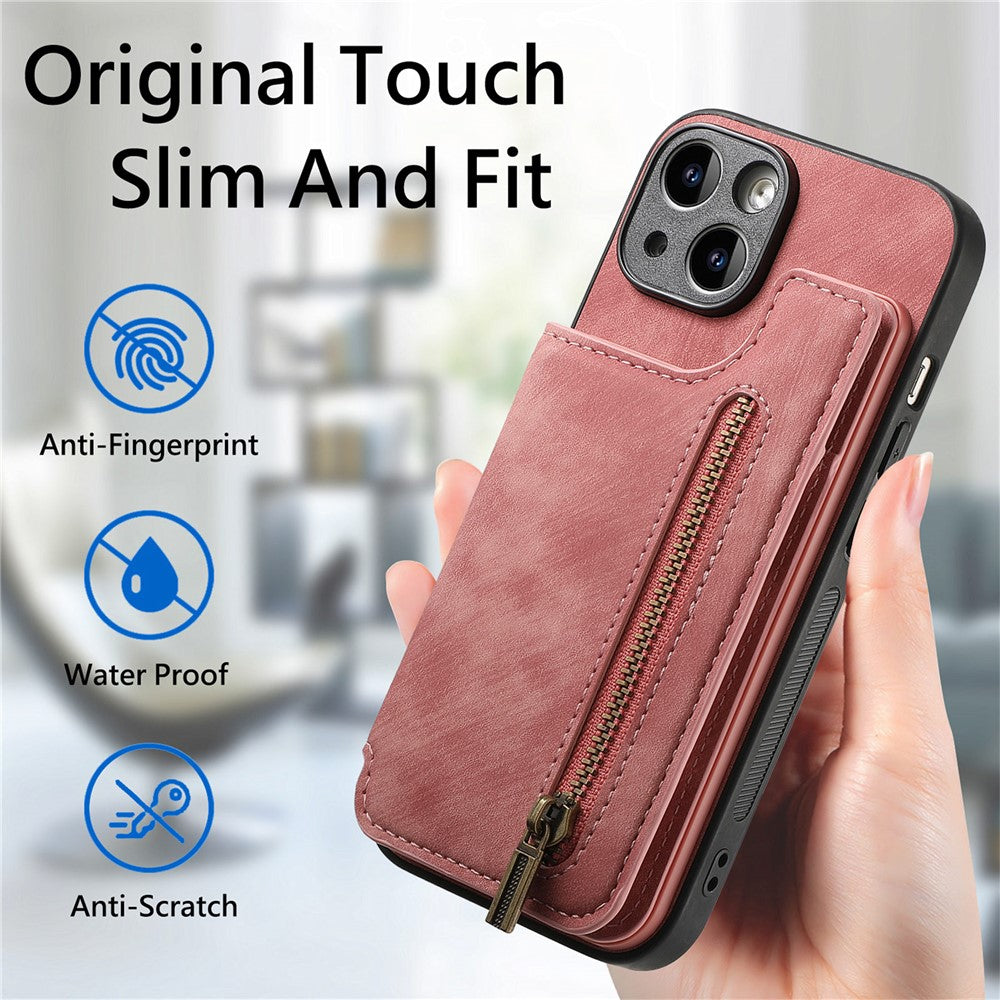 D15 For iPhone 14 Case Retro PU Leather+TPU Anti-drop Phone Cover with Zipper Wallet Kickstand