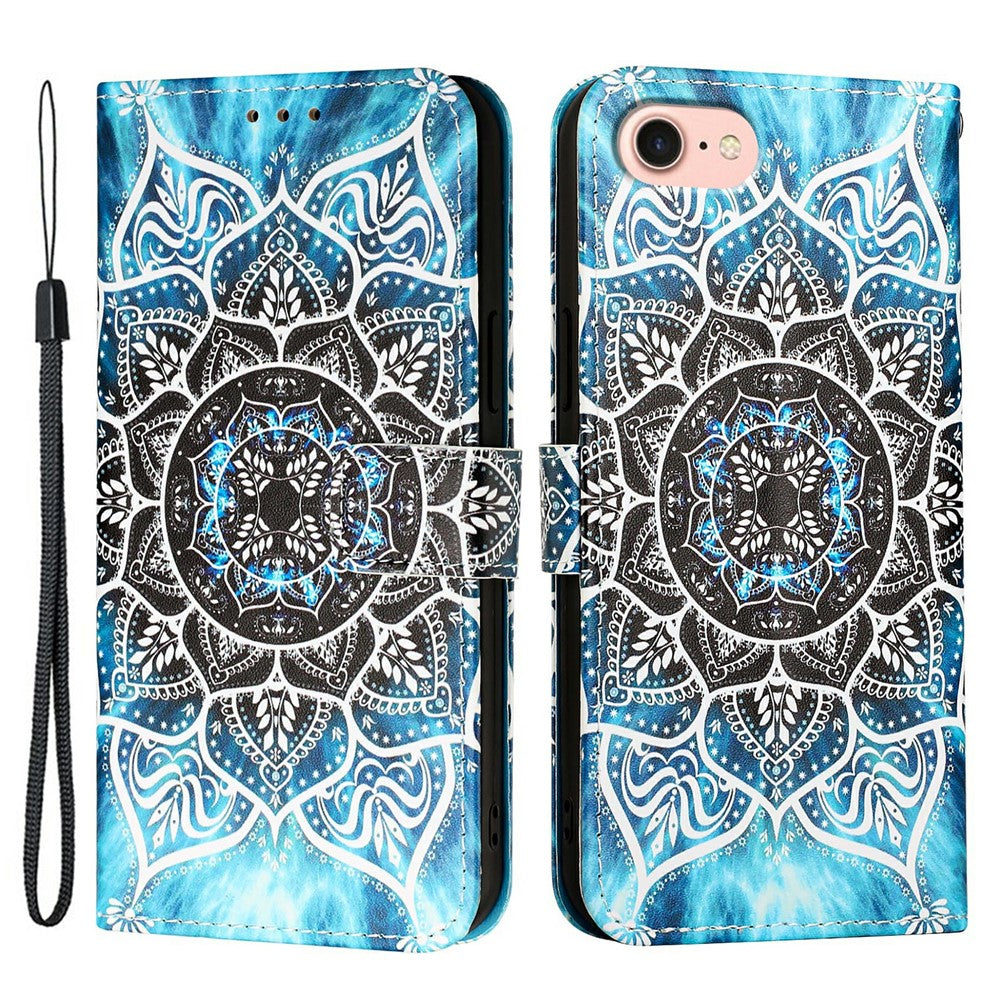 For iPhone 17e / 16e Leather Case with Strap and Card Holder Pattern Printing Phone Stand Cover