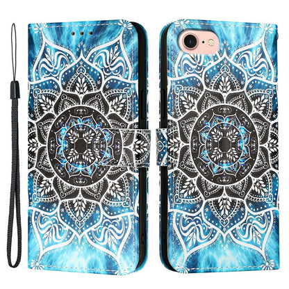 For iPhone 17e / 16e Leather Case with Strap and Card Holder Pattern Printing Phone Stand Cover