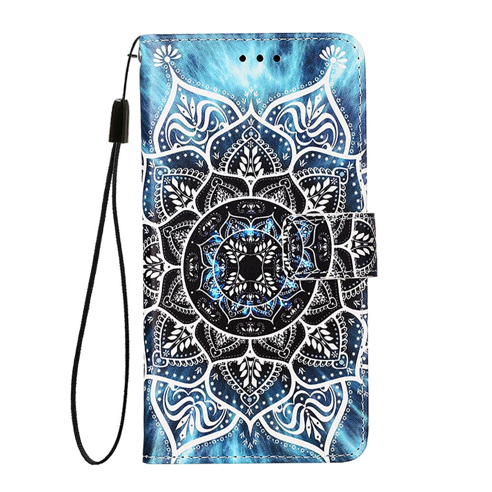 For iPhone 17e / 16e Leather Case with Strap and Card Holder Pattern Printing Phone Stand Cover