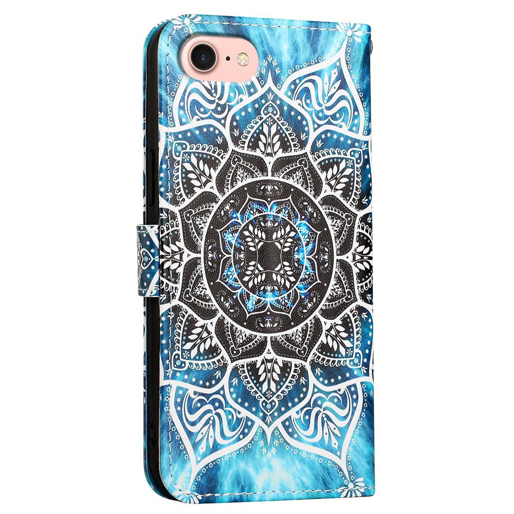 For iPhone 17e / 16e Leather Case with Strap and Card Holder Pattern Printing Phone Stand Cover