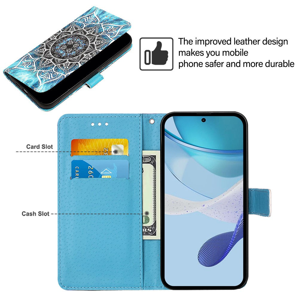 For iPhone 17e / 16e Leather Case with Strap and Card Holder Pattern Printing Phone Stand Cover