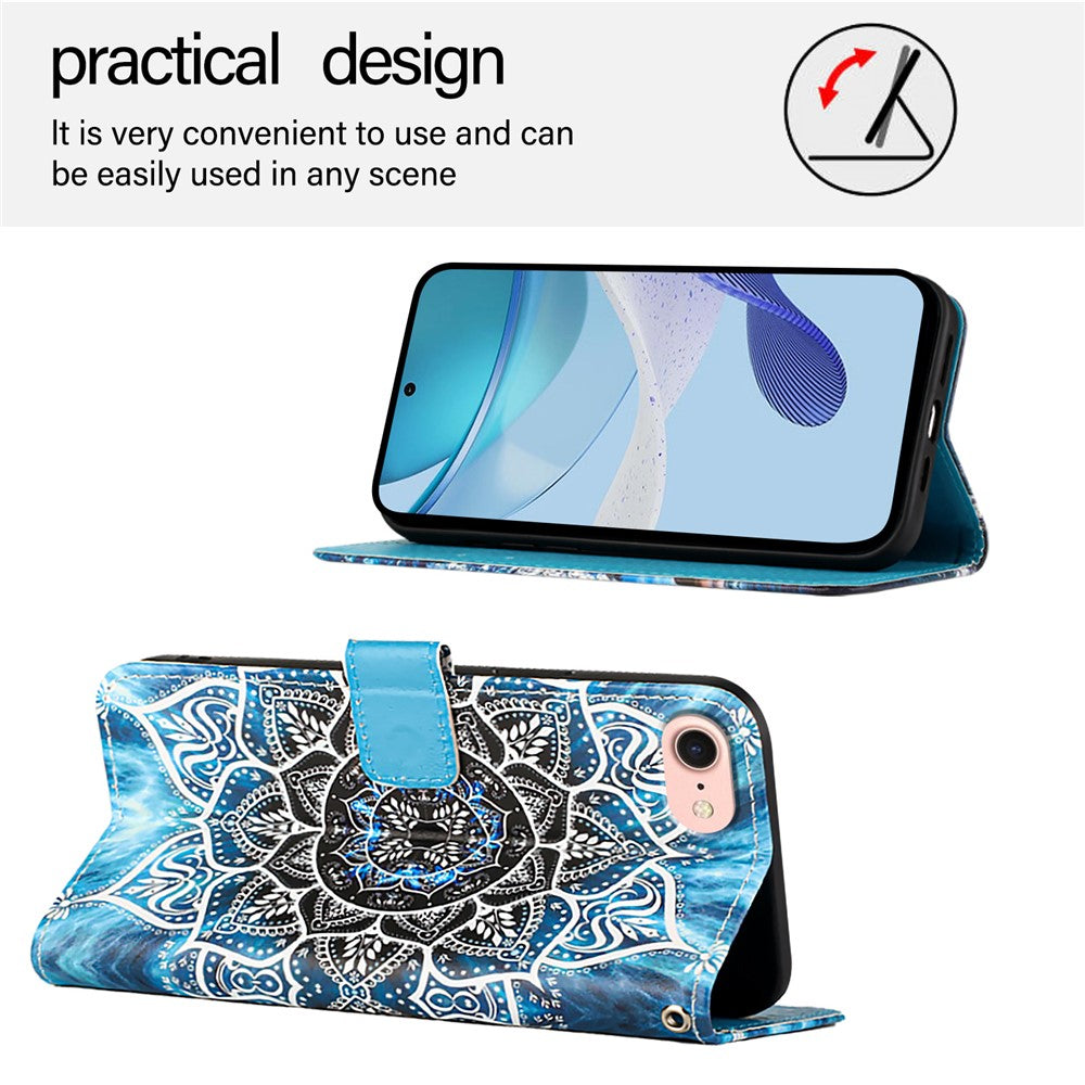 For iPhone 17e / 16e Leather Case with Strap and Card Holder Pattern Printing Phone Stand Cover