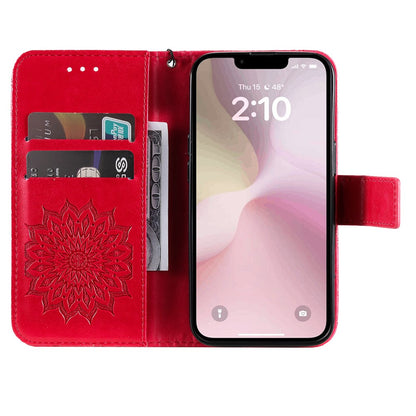 For iPhone 17e / 16e Phone Case Sunflower Imprinted Leather Wallet Stand Cover with Strap