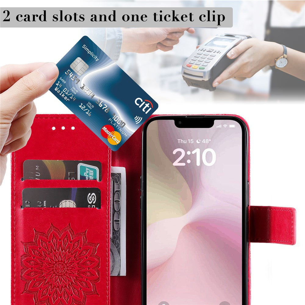 For iPhone 17e / 16e Phone Case Sunflower Imprinted Leather Wallet Stand Cover with Strap