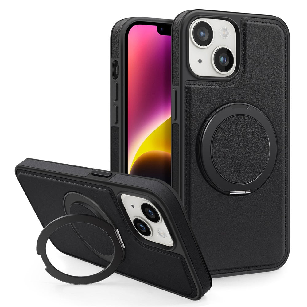 For iPhone 14 Plus Case with Ring Kickstand Compatible with MagSafe PU Leather Back Cover