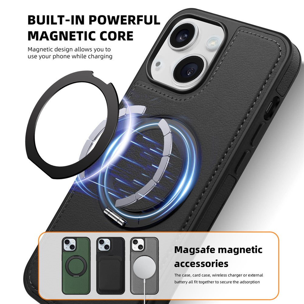 For iPhone 14 Plus Case with Ring Kickstand Compatible with MagSafe PU Leather Back Cover