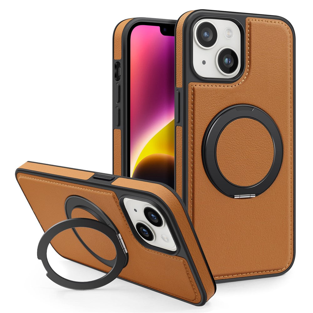 For iPhone 14 Plus Case with Ring Kickstand Compatible with MagSafe PU Leather Back Cover