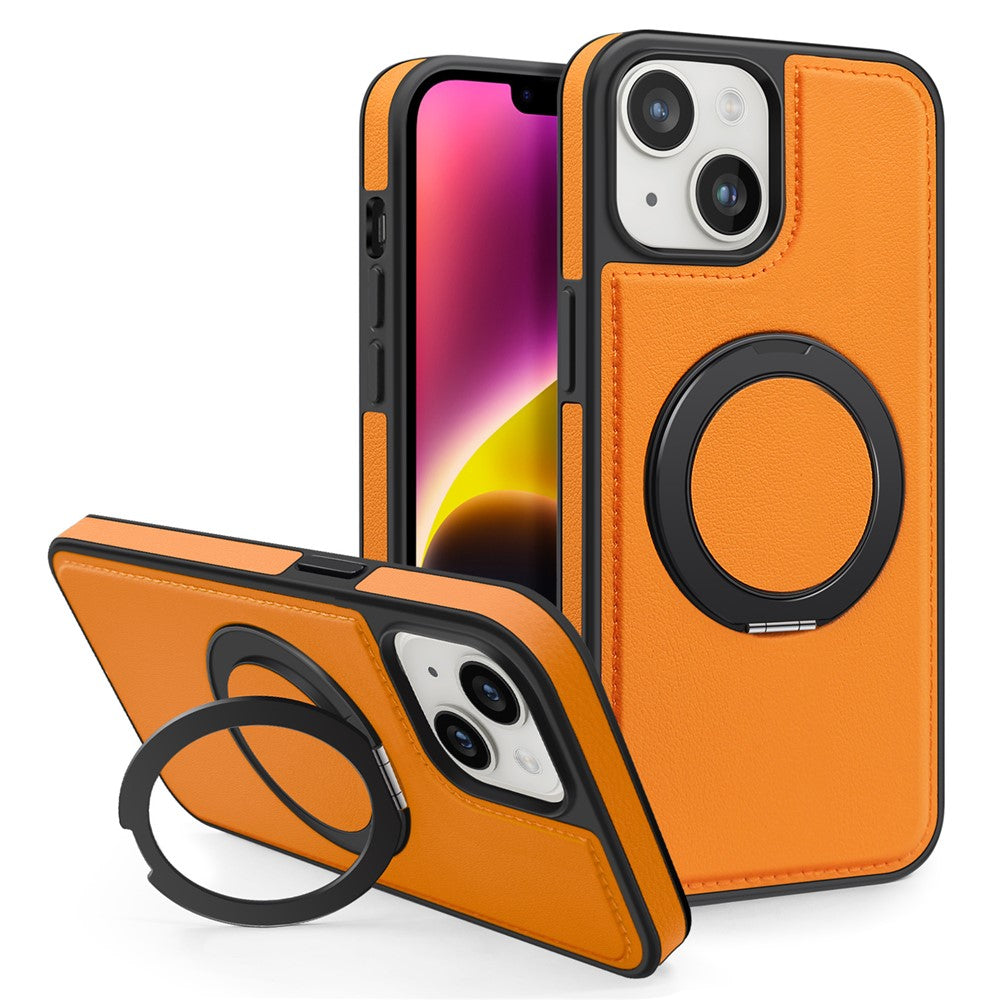 For iPhone 14 Plus Case with Ring Kickstand Compatible with MagSafe PU Leather Back Cover