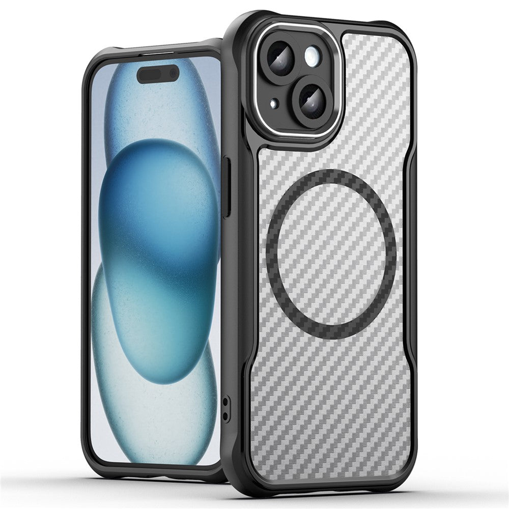 For iPhone 15 Plus / 14 Plus Magnetic Case Translucent Carbon Fiber Texture TPU+PC Phone Cover