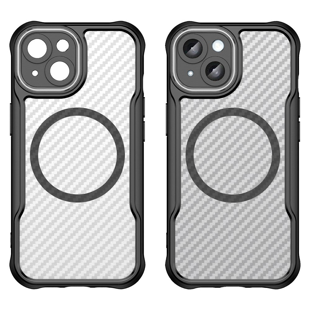 For iPhone 15 Plus / 14 Plus Magnetic Case Translucent Carbon Fiber Texture TPU+PC Phone Cover