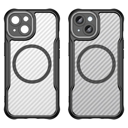 For iPhone 15 Plus / 14 Plus Magnetic Case Translucent Carbon Fiber Texture TPU+PC Phone Cover