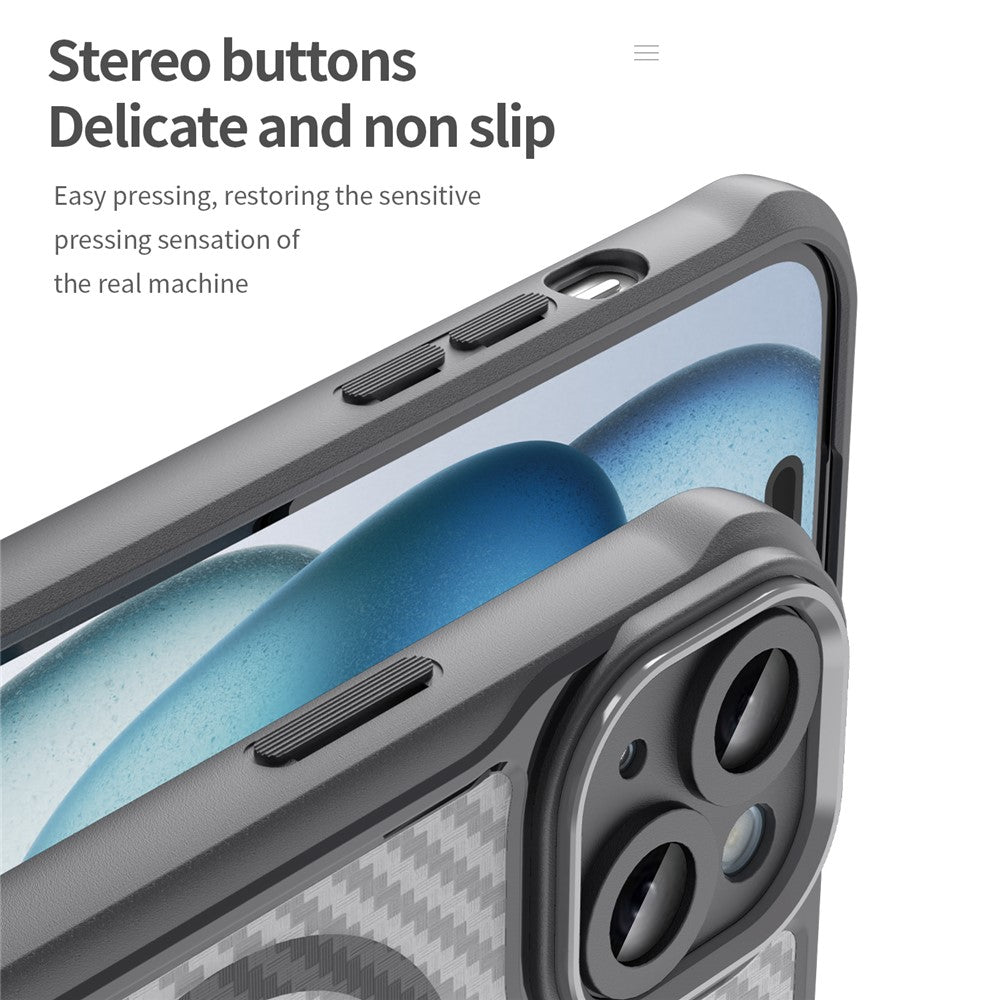 For iPhone 15 Plus / 14 Plus Magnetic Case Translucent Carbon Fiber Texture TPU+PC Phone Cover