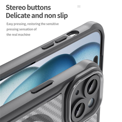 For iPhone 15 Plus / 14 Plus Magnetic Case Translucent Carbon Fiber Texture TPU+PC Phone Cover
