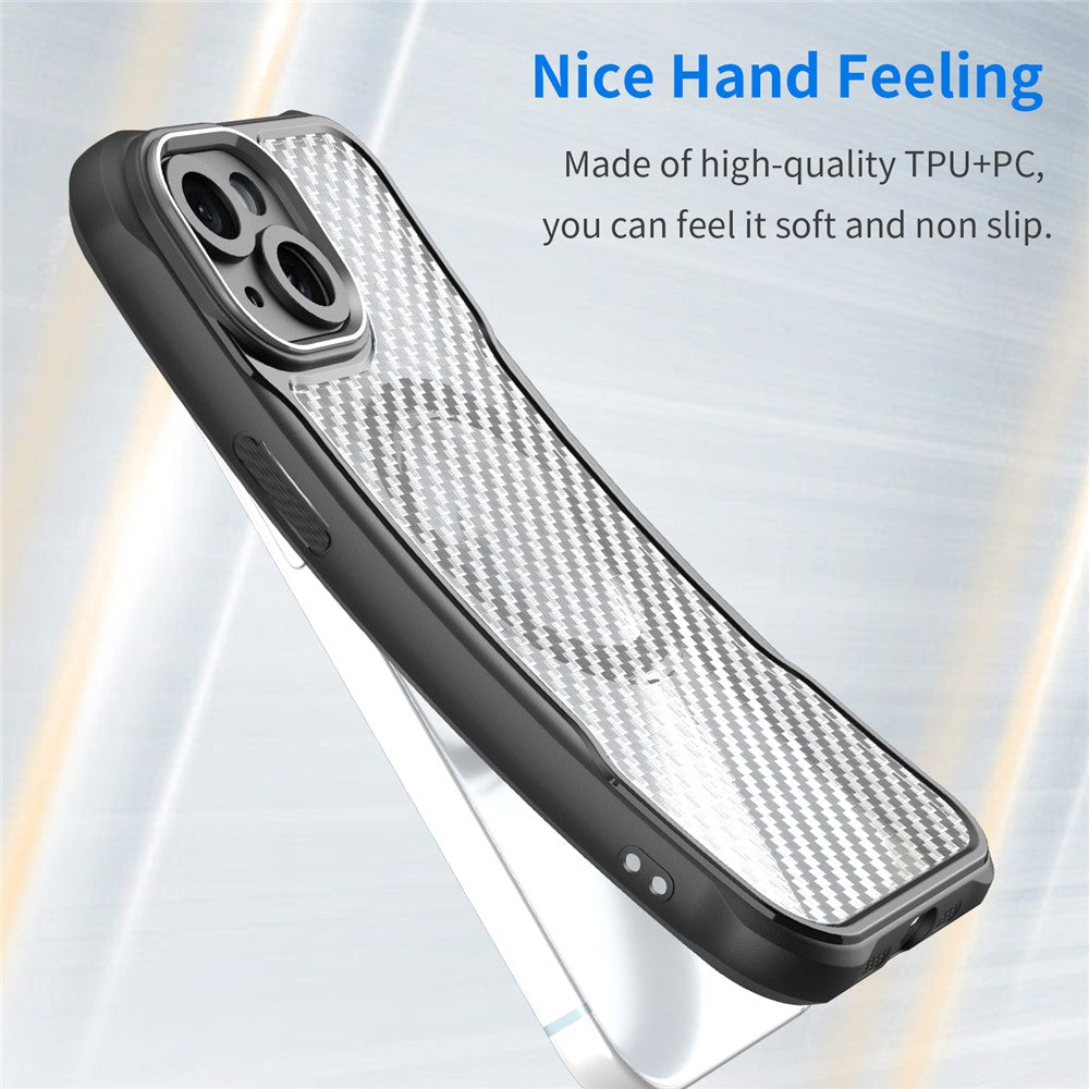 For iPhone 15 Plus / 14 Plus Magnetic Case Translucent Carbon Fiber Texture TPU+PC Phone Cover