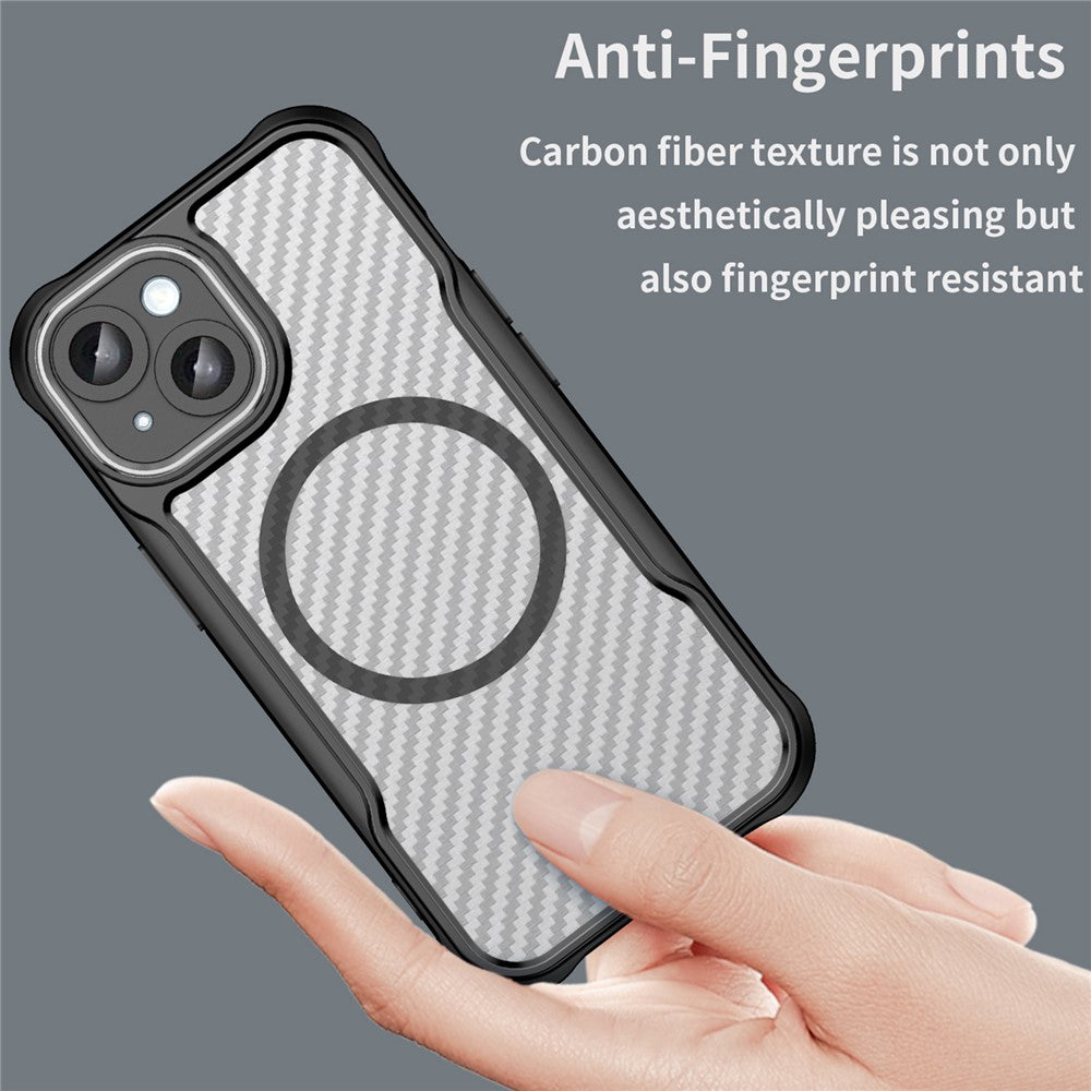 For iPhone 15 Plus / 14 Plus Magnetic Case Translucent Carbon Fiber Texture TPU+PC Phone Cover