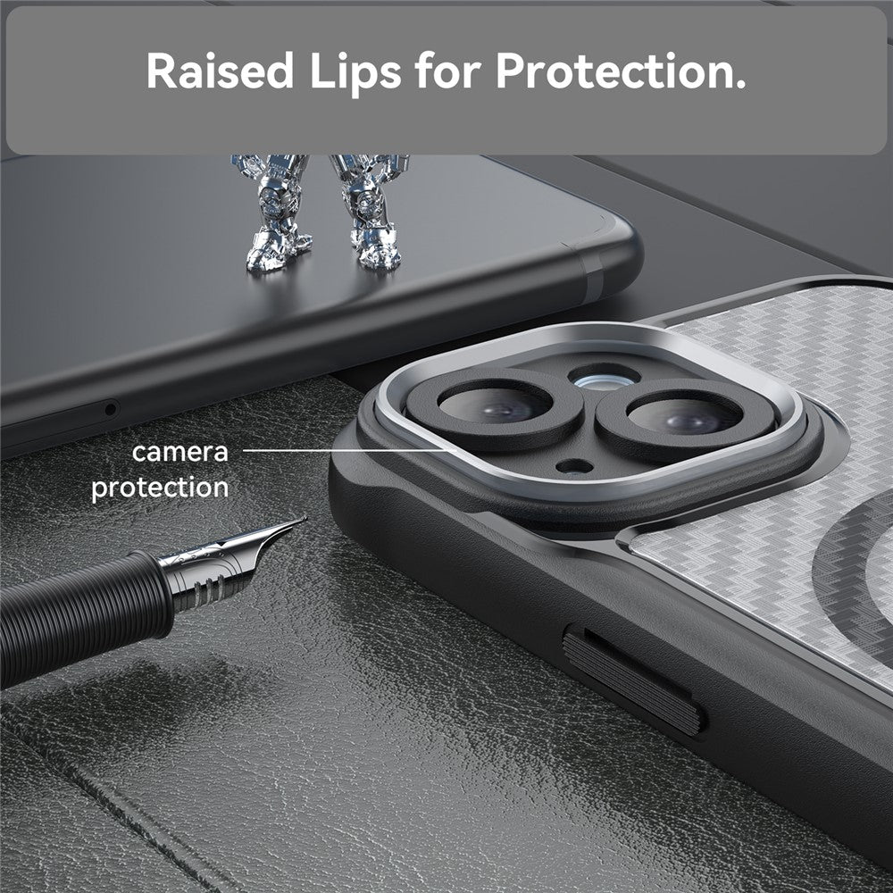For iPhone 15 Plus / 14 Plus Magnetic Case Translucent Carbon Fiber Texture TPU+PC Phone Cover