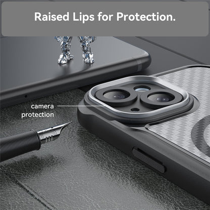 For iPhone 15 Plus / 14 Plus Magnetic Case Translucent Carbon Fiber Texture TPU+PC Phone Cover