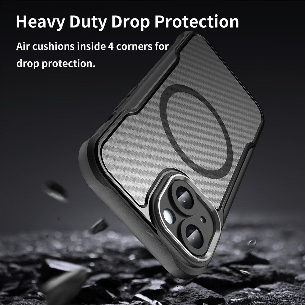 For iPhone 15 Plus / 14 Plus Magnetic Case Translucent Carbon Fiber Texture TPU+PC Phone Cover