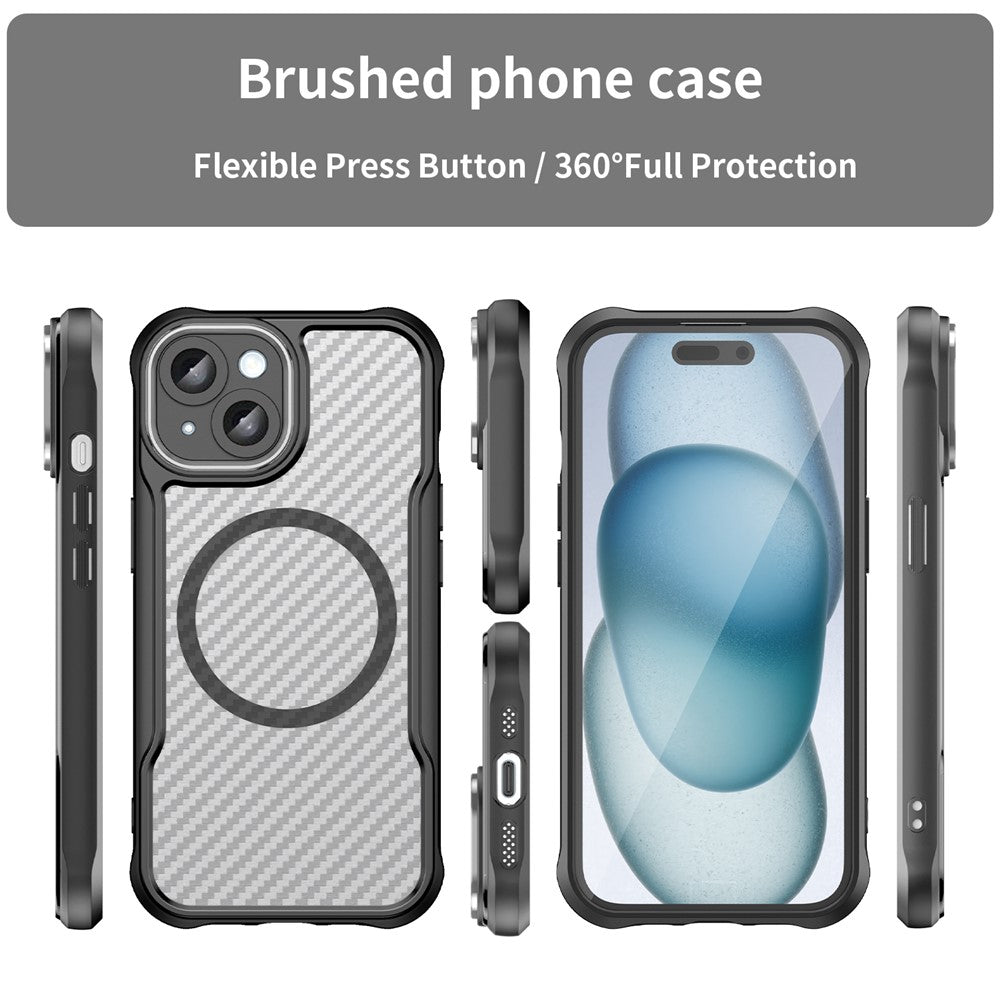 For iPhone 15 Plus / 14 Plus Magnetic Case Translucent Carbon Fiber Texture TPU+PC Phone Cover