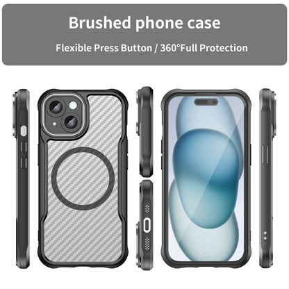 For iPhone 15 Plus / 14 Plus Magnetic Case Translucent Carbon Fiber Texture TPU+PC Phone Cover