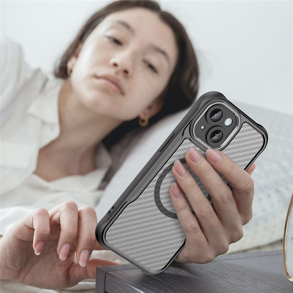 For iPhone 15 Plus / 14 Plus Magnetic Case Translucent Carbon Fiber Texture TPU+PC Phone Cover
